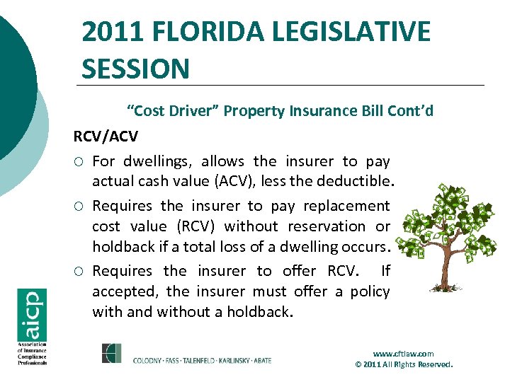 2011 FLORIDA LEGISLATIVE SESSION “Cost Driver” Property Insurance Bill Cont’d RCV/ACV ¡ For dwellings,