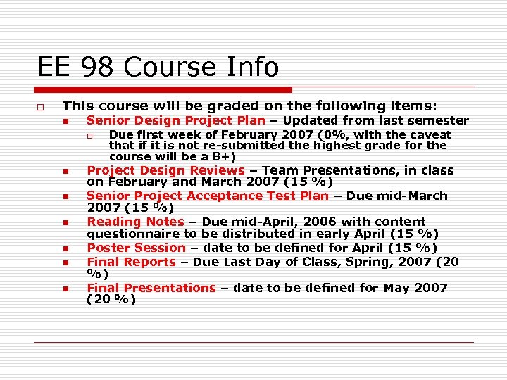 EE 98 Course Info o This course will be graded on the following items: