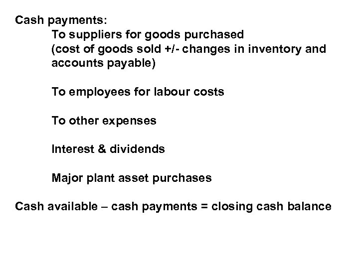 Cash payments: To suppliers for goods purchased (cost of goods sold +/- changes in