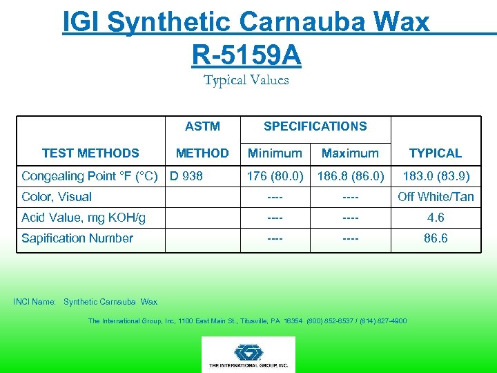 IGI Synthetic Carnauba Wax R-5159 A Typical Values ASTM TEST METHODS METHOD SPECIFICATIONS Minimum