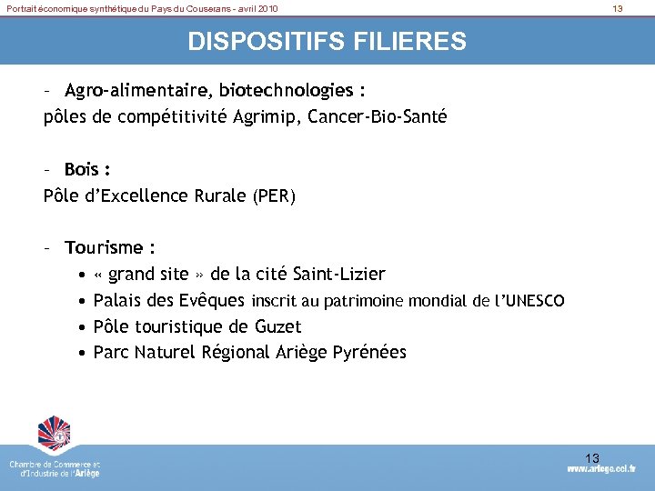 Portrait économique synthétique du Pays du Couserans - avril 2010 13 DISPOSITIFS FILIERES –