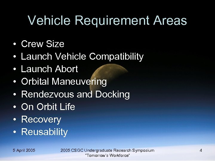 Vehicle Requirement Areas • • Crew Size Launch Vehicle Compatibility Launch Abort Orbital Maneuvering