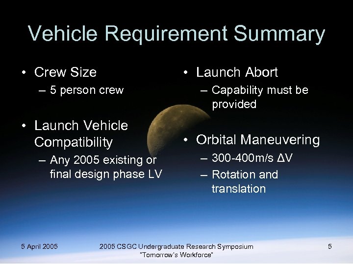 Vehicle Requirement Summary • Crew Size • Launch Abort – 5 person crew •