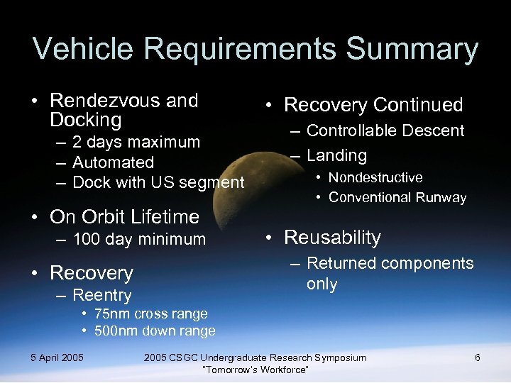 Vehicle Requirements Summary • Rendezvous and Docking – 2 days maximum – Automated –