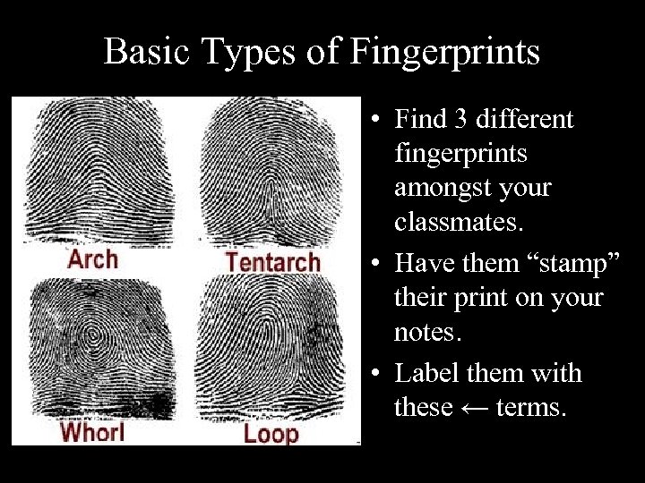 Basic Types of Fingerprints • Find 3 different fingerprints amongst your classmates. • Have