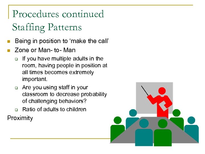 Procedures continued Staffing Patterns n n Being in position to ‘make the call’ Zone