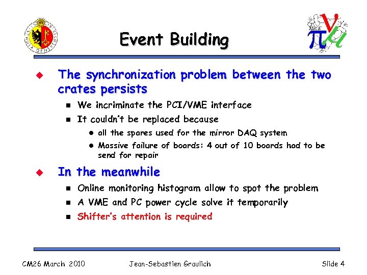 Event Building u The synchronization problem between the two crates persists n We incriminate