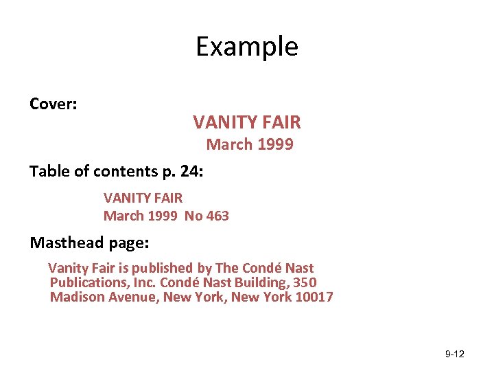 Example Cover: VANITY FAIR March 1999 Table of contents p. 24: VANITY FAIR March