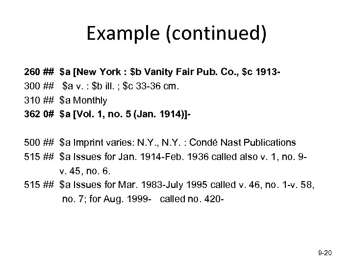 Example (continued) 260 ## 300 ## 310 ## 362 0# $a [New York :