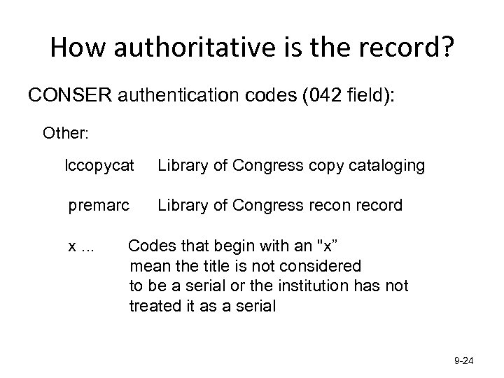 How authoritative is the record? • CONSER authentication codes (042 field): Other: lccopycat Library