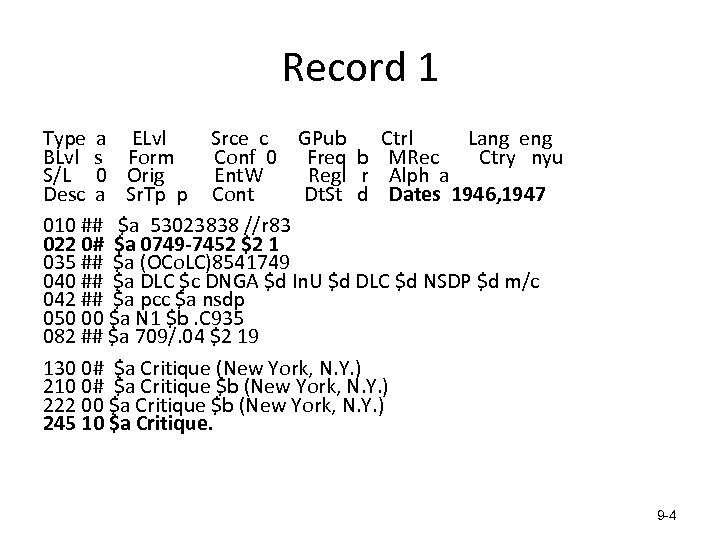 Record 1 Type a ELvl Srce c GPub Ctrl Lang eng BLvl s Form