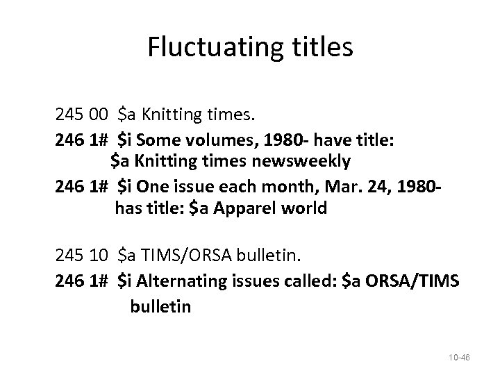 Fluctuating titles 245 00 $a Knitting times. 246 1# $i Some volumes, 1980 -