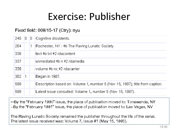 Exercise: Publisher Fixed field: 008/15 -17 (Ctry): nyu --By the “February 1990” issue, the