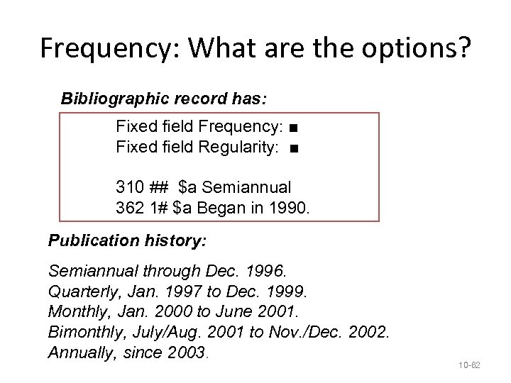 Frequency: What are the options? Bibliographic record has: Fixed field Frequency: ■ Fixed field