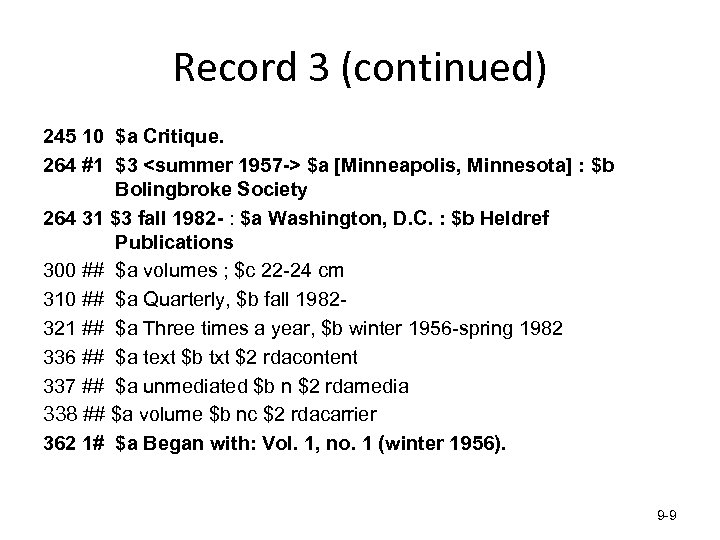 Record 3 (continued) 245 10 $a Critique. 264 #1 $3 <summer 1957 -> $a