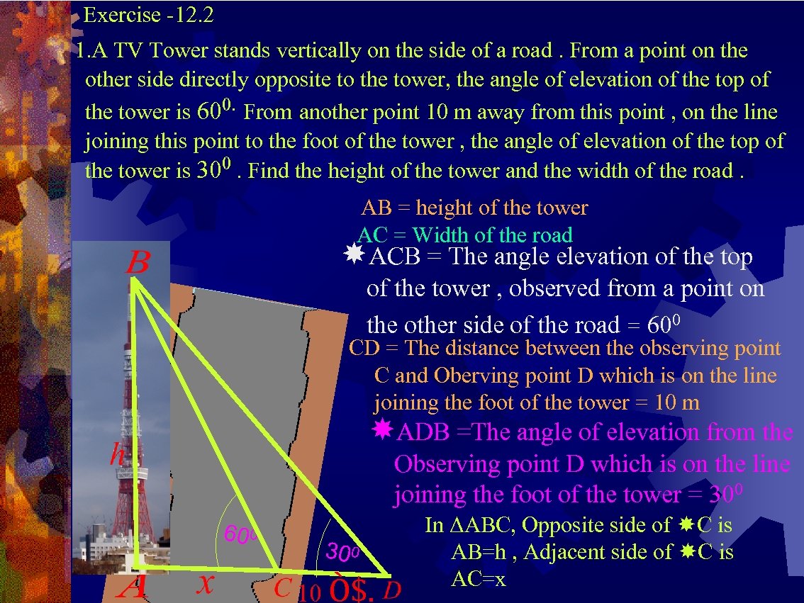 Exercise -12. 2 1. A TV Tower stands vertically on the side of a