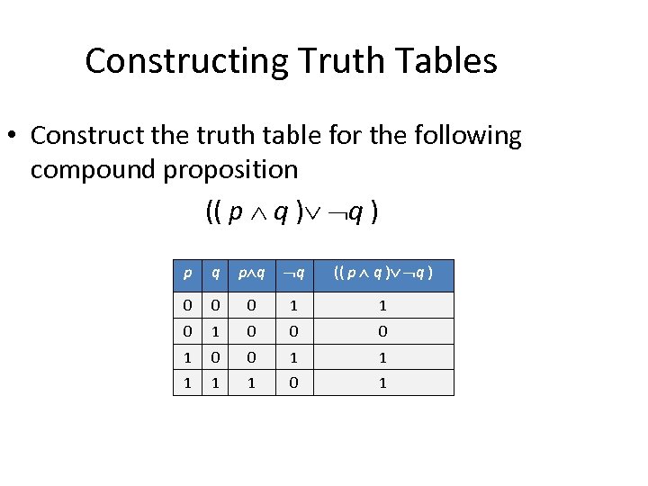 Constructing Truth Tables • Construct the truth table for the following compound proposition ((