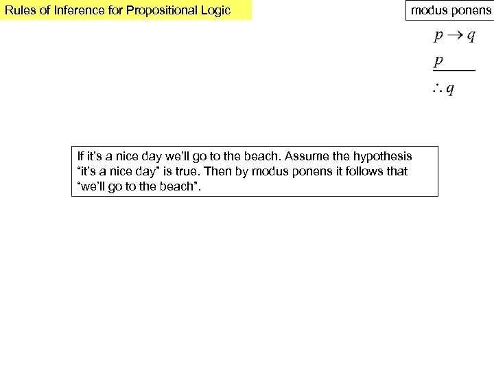 Rules of Inference for Propositional Logic modus ponens If it’s a nice day we’ll