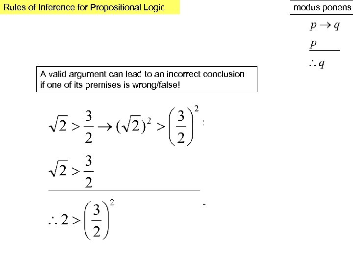 Rules of Inference for Propositional Logic A valid argument can lead to an incorrect