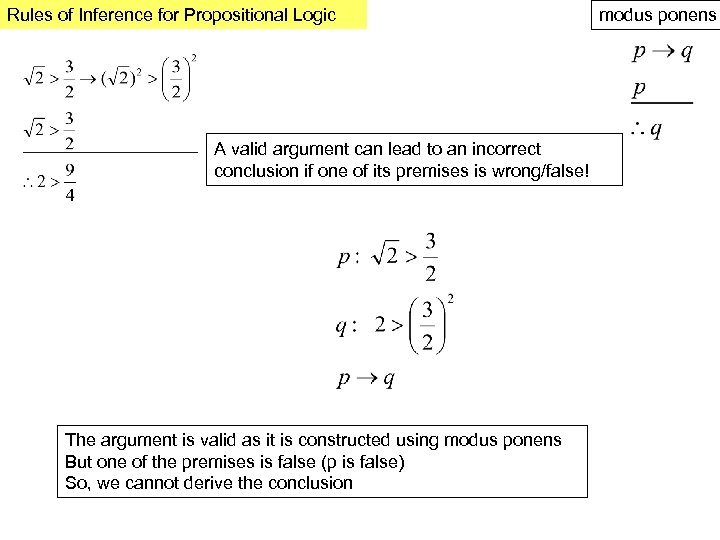 Rules of Inference for Propositional Logic A valid argument can lead to an incorrect