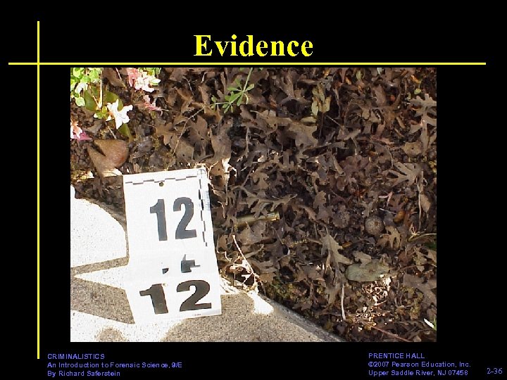 Evidence CRIMINALISTICS An Introduction to Forensic Science, 9/E By Richard Saferstein PRENTICE HALL ©
