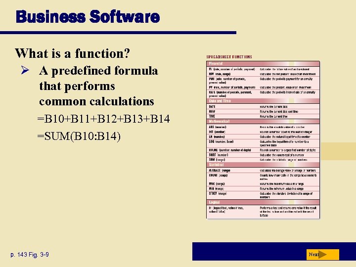 Business Software What is a function? Ø A predefined formula that performs common calculations