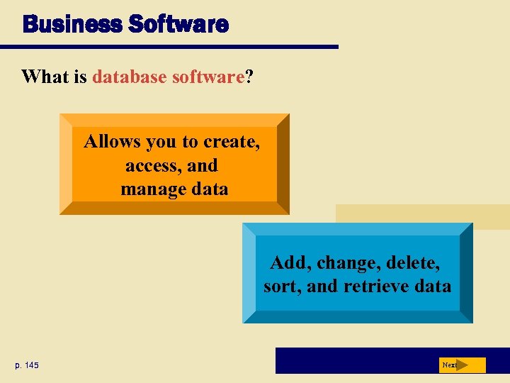 Business Software What is database software? Allows you to create, access, and manage data