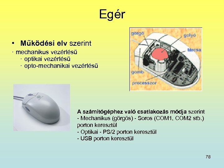 Egér • Működési elv szerint · mechanikus vezérlésű · optikai vezérlésű · opto-mechanikai vezérlésű