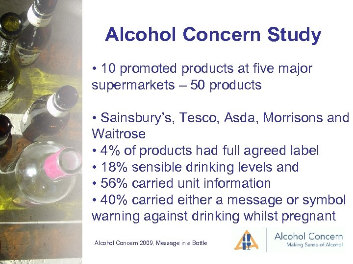 Alcohol Concern Study • 10 promoted products at five major supermarkets – 50 products