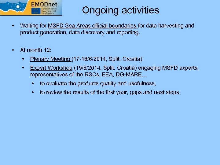 Ongoing activities • Waiting for MSFD Sea Areas official boundaries for data harvesting and