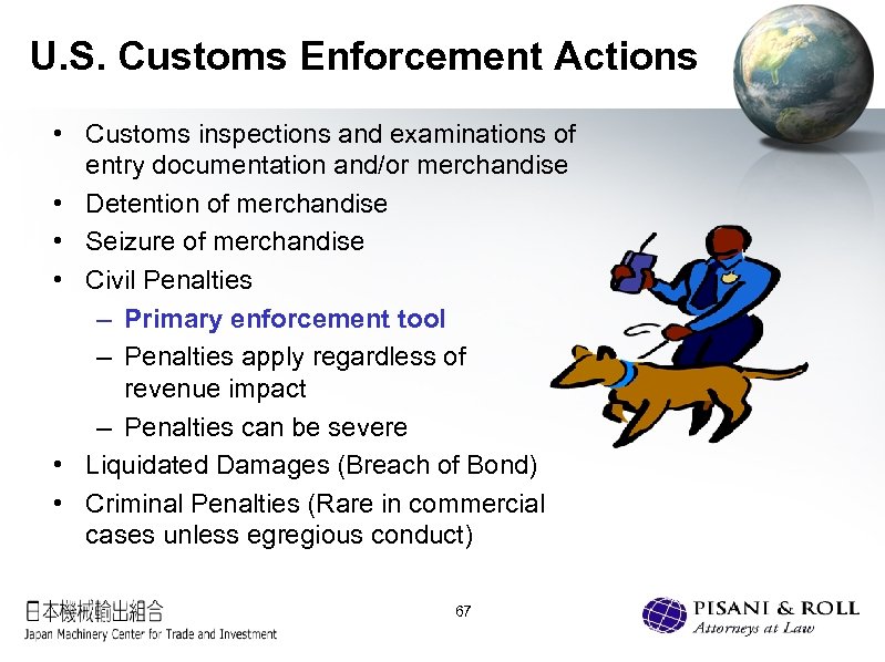 U. S. Customs Enforcement Actions • Customs inspections and examinations of entry documentation and/or