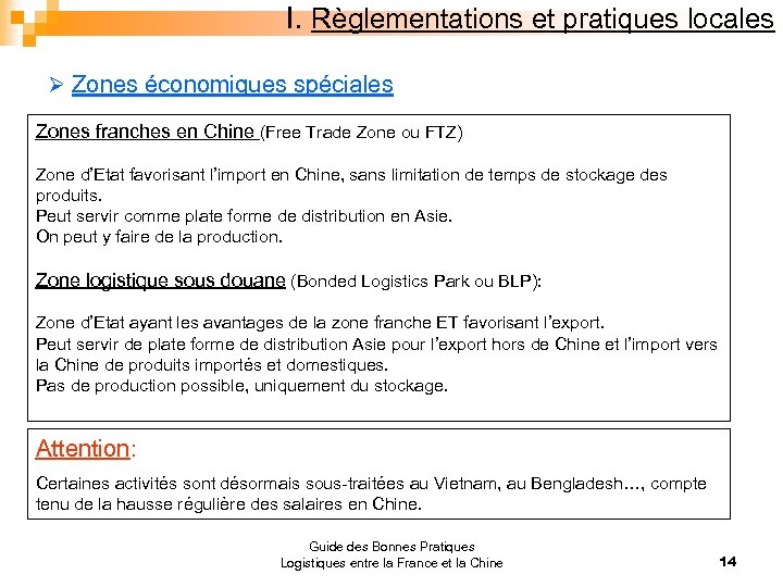 I. Règlementations et pratiques locales Ø Zones économiques spéciales Zones franches en Chine (Free