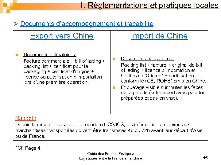 I. Règlementations et pratiques locales Ø Documents d’accompagnement et traçabilité Export vers Chine n