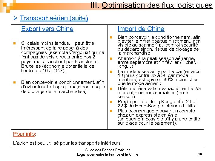 III. Optimisation des flux logistiques Ø Transport aérien (suite) Export vers Chine Import de