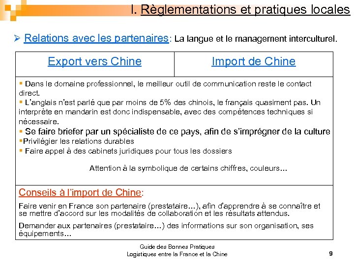 I. Règlementations et pratiques locales Ø Relations avec les partenaires: La langue et le