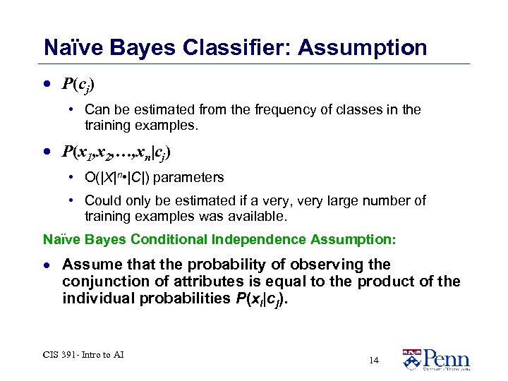 Naïve Bayes Classifier: Assumption · P(cj) • Can be estimated from the frequency of