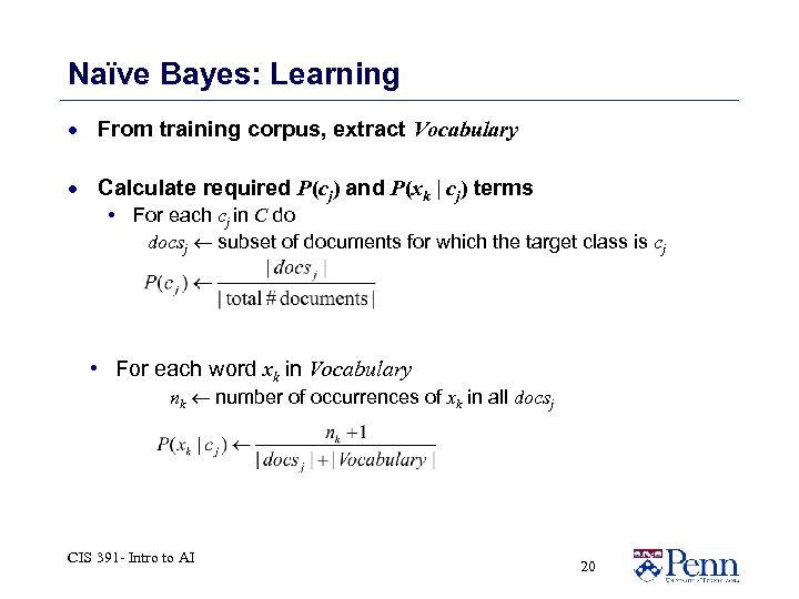 Naïve Bayes: Learning · From training corpus, extract Vocabulary · Calculate required P(cj) and