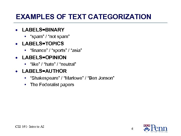 EXAMPLES OF TEXT CATEGORIZATION · LABELS=BINARY • “spam” / “not spam” · LABELS=TOPICS •