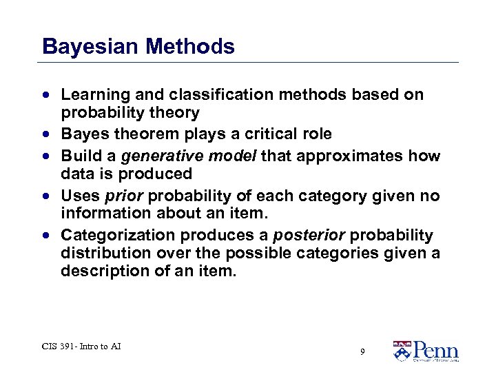 Bayesian Methods · Learning and classification methods based on probability theory · Bayes theorem