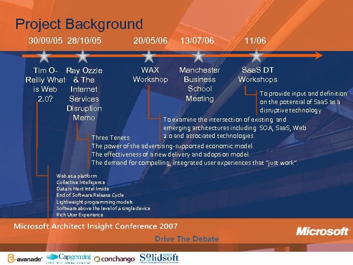 Project Background 30/09/05 28/10/05 20/05/06 13/07/06 Tim O- Ray Ozzie Reilly What & The