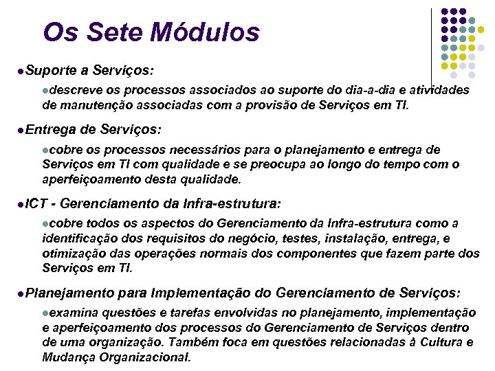 Os Sete Módulos Suporte a Serviços: descreve os processos associados ao suporte do dia-a-dia
