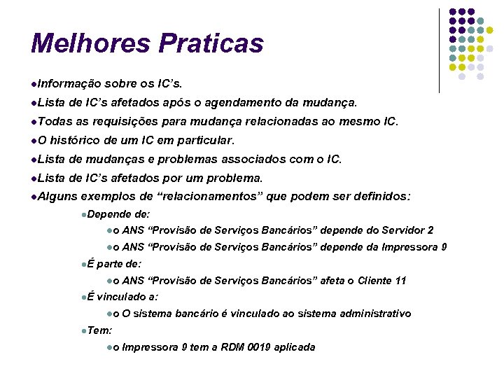 Melhores Praticas Informação sobre os IC’s. Lista de IC’s afetados após o agendamento da