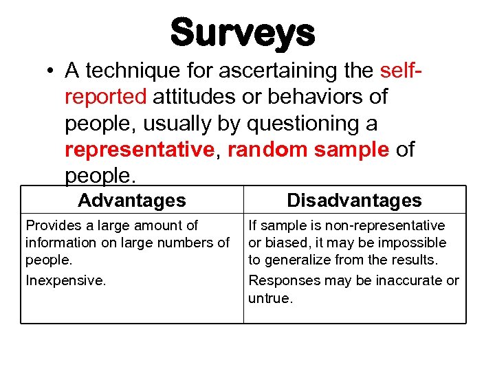 Surveys • A technique for ascertaining the selfreported attitudes or behaviors of people, usually