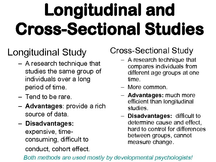 Longitudinal and Cross-Sectional Studies Longitudinal Study – A research technique that studies the same