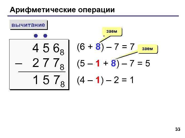 Арифметические операции вычитание 4 5 68 – 2 7 78 1 5 78 заем