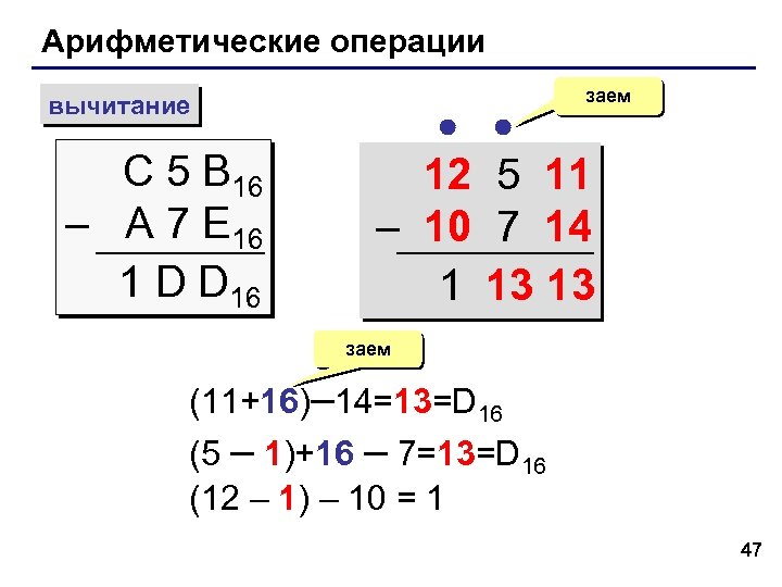 Арифметические операции вычитание С 5 B 16 – A 7 E 16 1 D