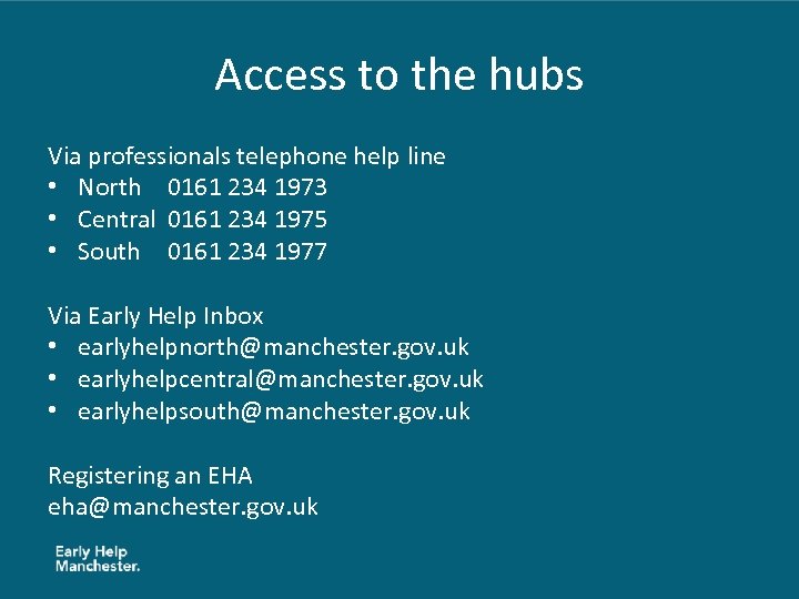 Access to the hubs Via professionals telephone help line • North 0161 234 1973