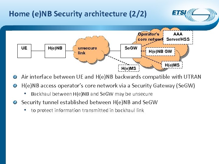 Home (e)NB Security architecture (2/2) Operator’s AAA core network Server/HSS UE H(e)NB unsecure link