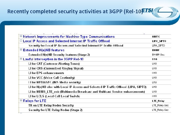 Recently completed security activities at 3 GPP (Rel-10) 