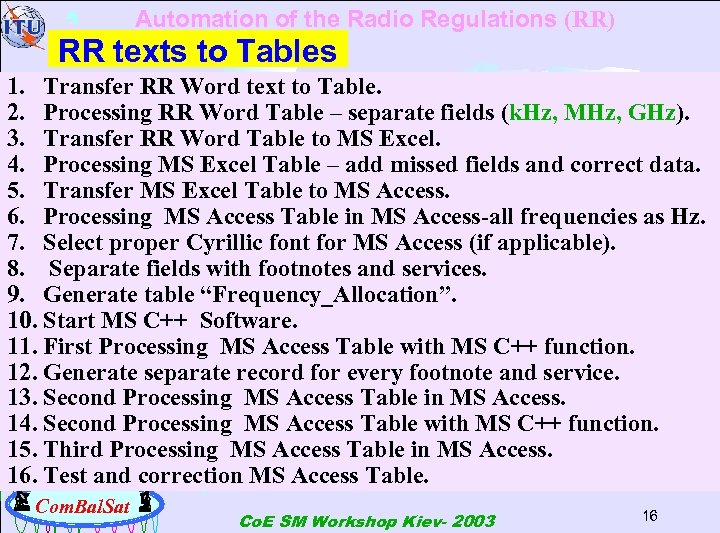 Automation of the Radio Regulations (RR) RR texts to Tables 1. Transfer RR Word